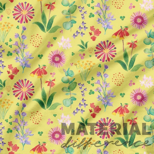 Colorful floral pattern on a yellow background with 'Material Difference' text.