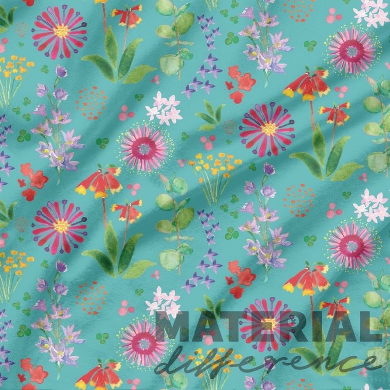 Colorful floral pattern on a teal turqouise background with 'MATERIAL difference' text.