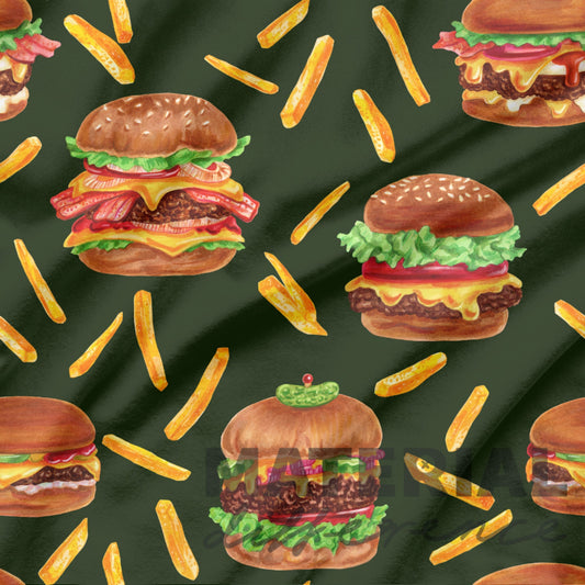 Pattern of hamburgers and fries on a dark green background