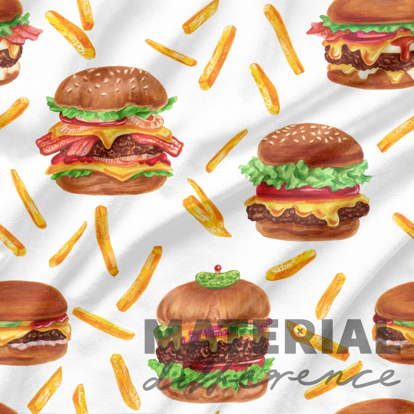 Pattern of hamburgers and fries with 'Material Difference' branding on a white background