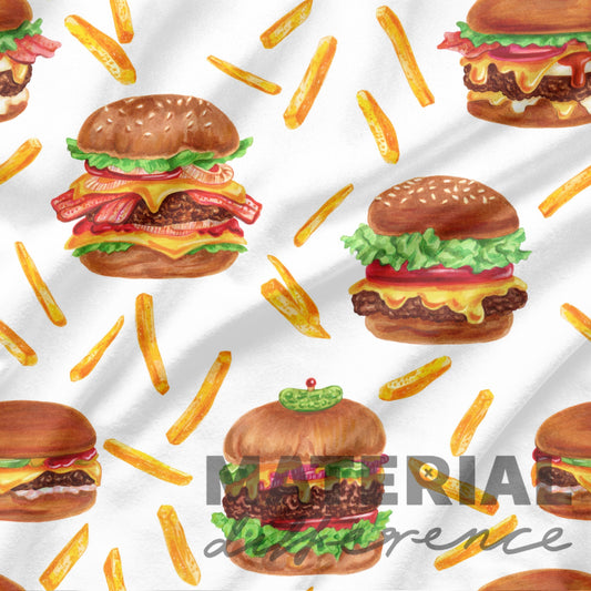 Pattern of hamburgers and fries with 'Material Difference' branding on a white background