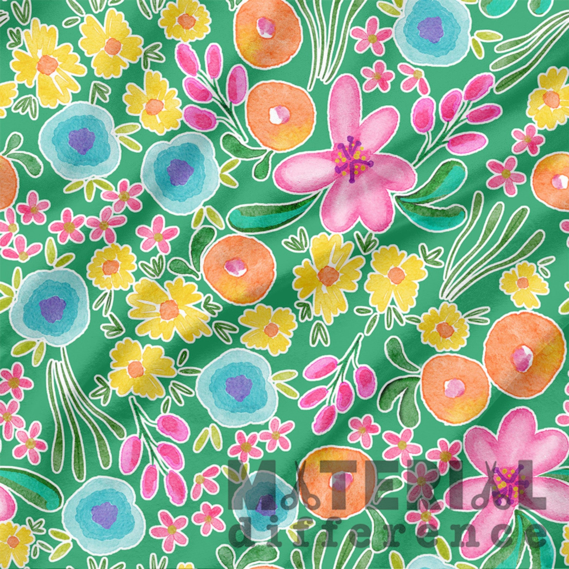 Colorful floral pattern on a green background with 'Material Difference' watermark.