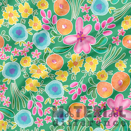 Colorful floral pattern on a green background with 'Material Difference' watermark.