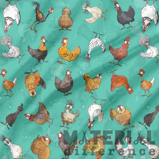 Pattern of cartoon chickens on a green background with 'Material Difference' text.