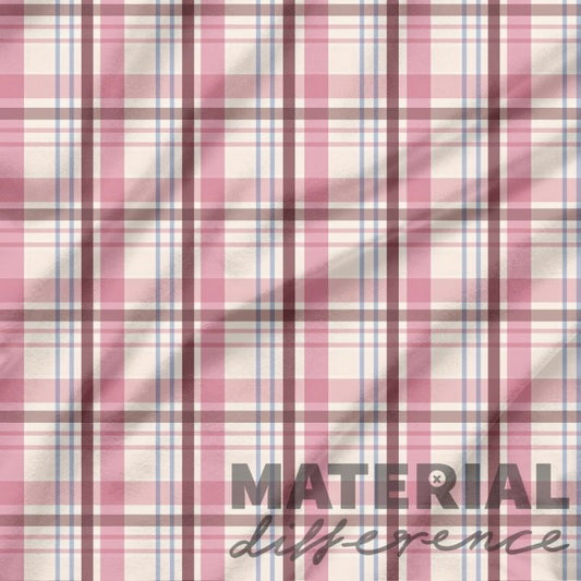 Plaid pattern with pink, white, and blue colors and 'MATERIAL difference' text.