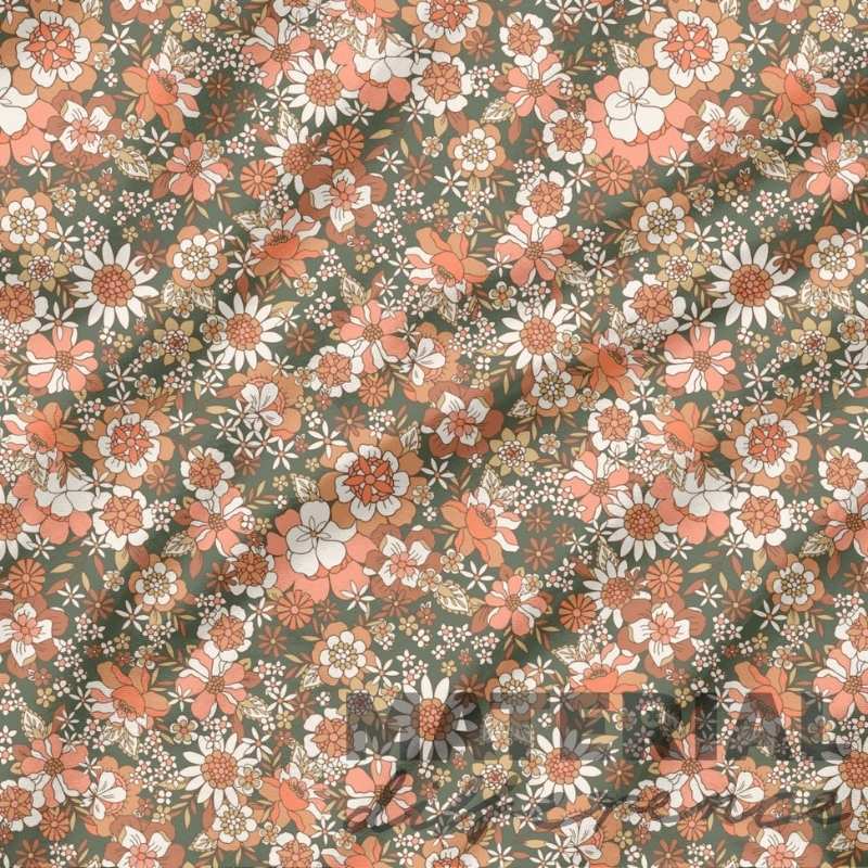 Floral pattern with orange, white, and green colors on a fabric background
