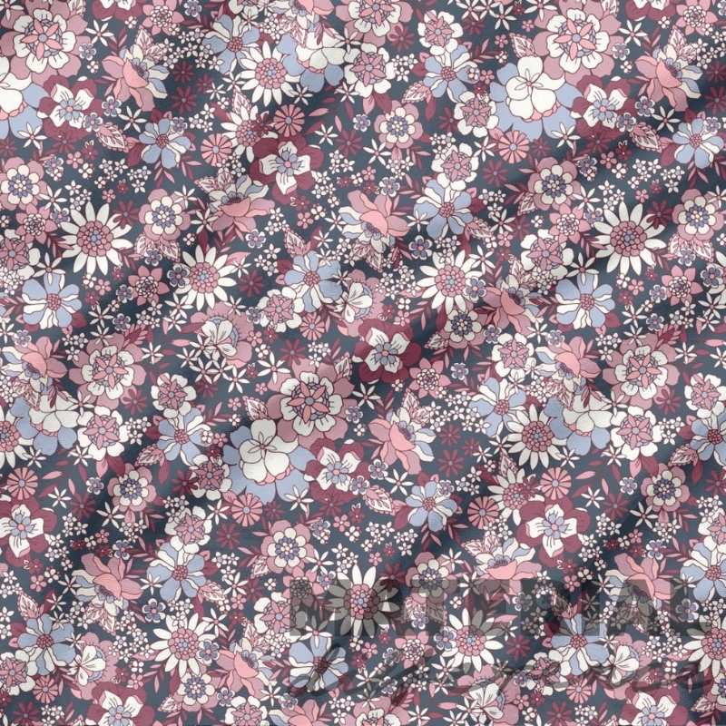 Floral pattern with small flowers in various colors on a navy background