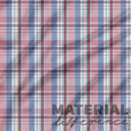 Plaid fabric with red, blue, and white pattern and 'MATERIAL difference' text.