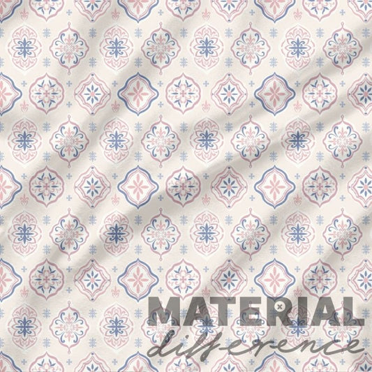 Patterned fabric with geometric design and 'Material Difference' text.