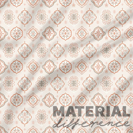 Patterned fabric with 'Material Difference' text on a light background