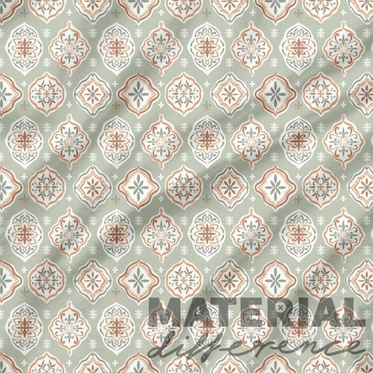 Patterned sage green material with geometric design and 'MATERIAL DIFFERENCE' text.