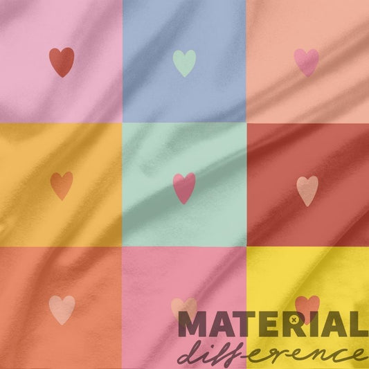 Grid of fabric swatches in various pastel colors with heart shapes, featuring 'MATERIAL difference' text.