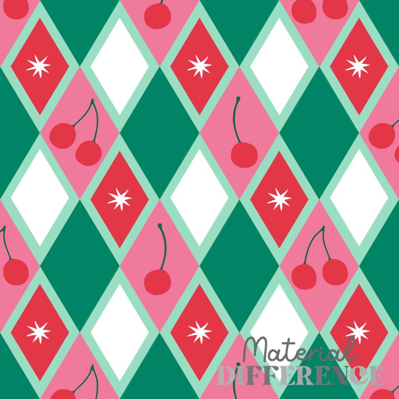A repeating argyle-style pattern with pink and green diamonds, white diamond centers, red cherries, and white starburst motifs. The words 'Material DIFFERENCE' appear