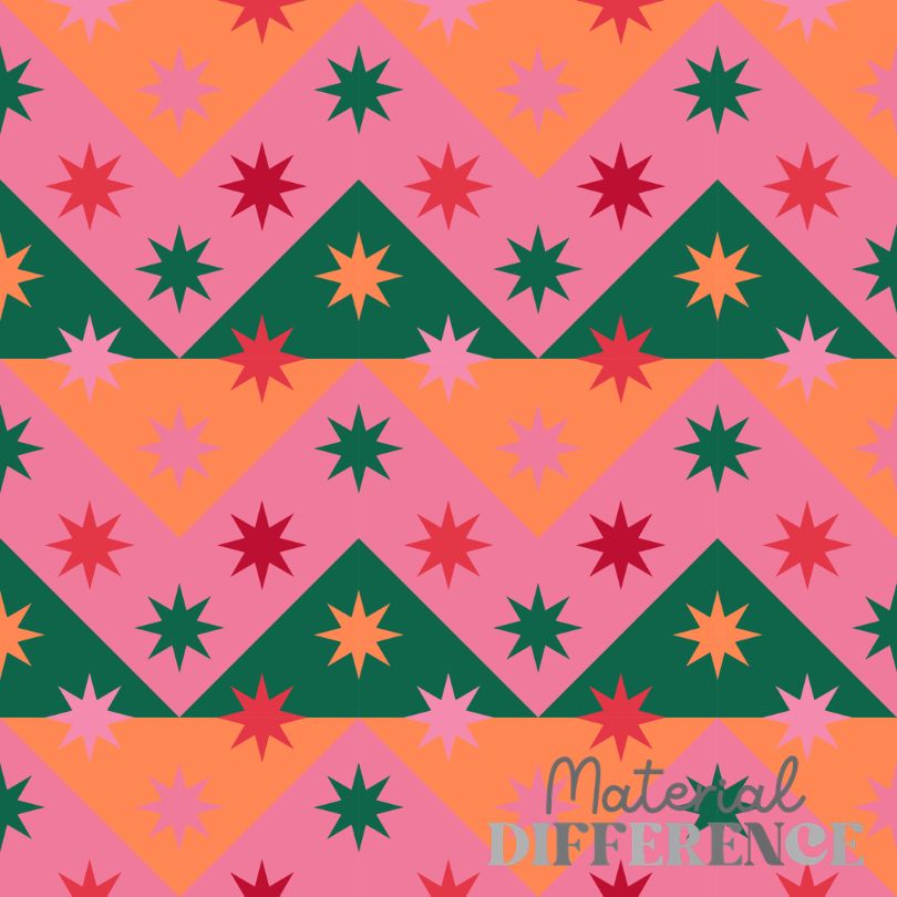 A repeating festive pattern with pink, orange, green, red, and light pink geometric shapes, including chevron bands, triangles, and starburst motifs. The words 'Material DIFFERENCE' appear in the lower right corner.