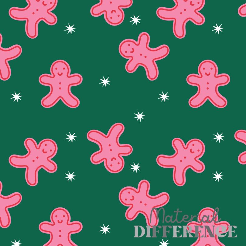 A repeating Christmas pattern featuring pink gingerbread men and small white stars on a dark green background, with a faint 'Material Difference' watermark in the lower right.