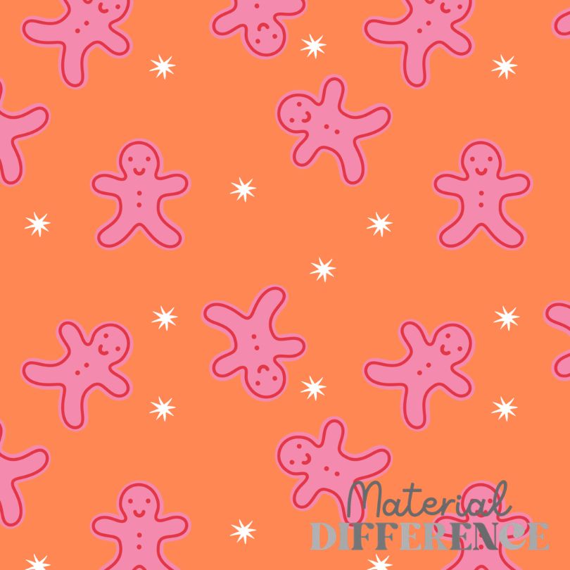 A repeating pattern of pink gingerbread men and small white starburst shapes on a bright orange background, with the words 'Material Difference' in script and block text at the bottom right.