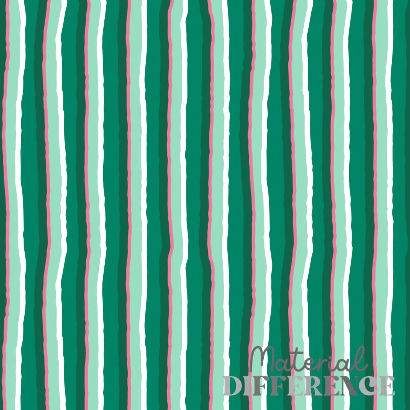 A close-up fabric/material swatch showing vertical wavy stripes in dark teal, mint green, white, and light pink, with a small 'Material Difference' watermark in the lower right.