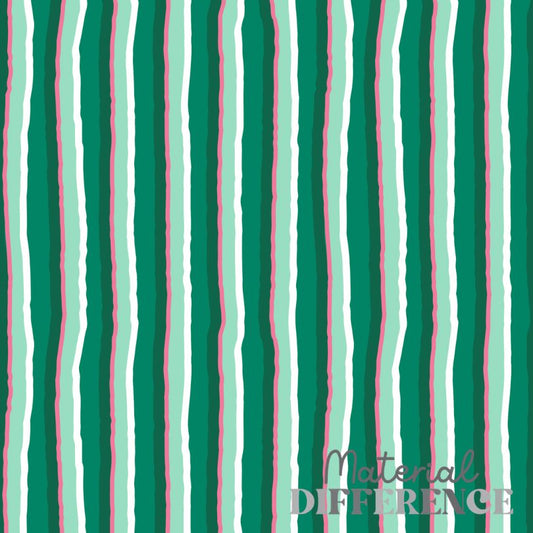 A close-up fabric/material swatch showing vertical wavy stripes in dark teal, mint green, white, and light pink, with a small 'Material Difference' watermark in the lower right.