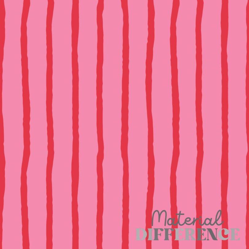A pink fabric or material swatch with vertical wavy stripes in darker red and coral tones, plus a small 'Material DIFFERENCE' text mark near the lower right.