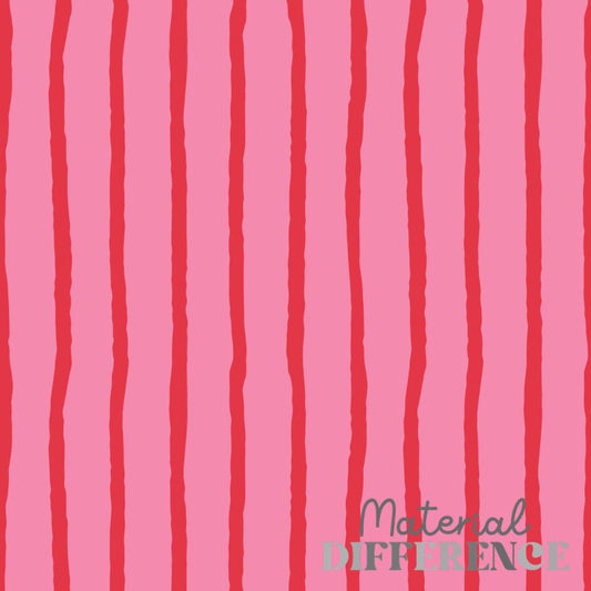 A pink fabric or material swatch with vertical wavy stripes in darker red and coral tones, plus a small 'Material DIFFERENCE' text mark near the lower right.