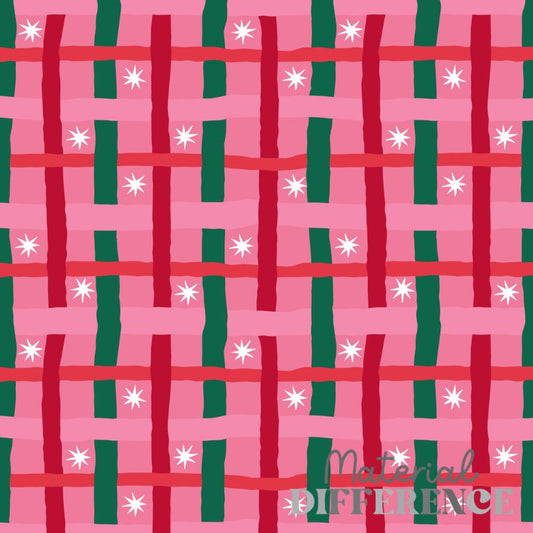 A repeating woven pattern in pink, red, and green with small white starburst accents, overlaid with a translucent 'Material Difference' watermark at the bottom right.