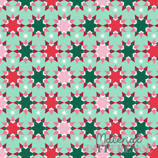 A repeating geometric pattern featuring red, dark green, light pink, and white starburst motifs on a mint green background, with a faint 'Material Difference' watermark near the bottom right.
