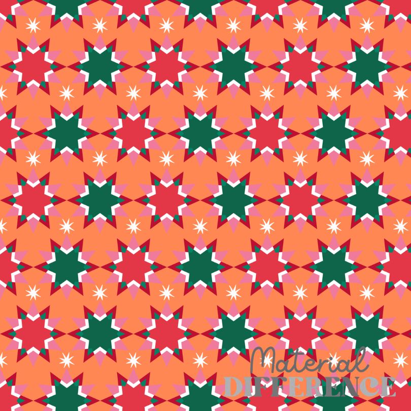 A repeating geometric pattern featuring orange starbursts, red six-pointed stars, green six-pointed stars, pink six-pointed stars, and small white starbursts. A translucent watermark reading 'Material Difference' is visible in the lower right corner.
