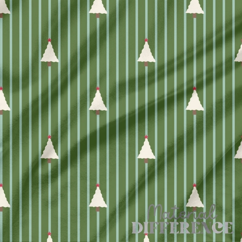 Green and light blue striped fabric with small white xmas trees