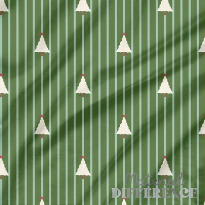 Green and light blue striped fabric with small white xmas trees