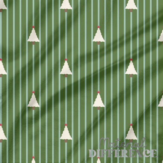 Green and light blue striped fabric with small white xmas trees