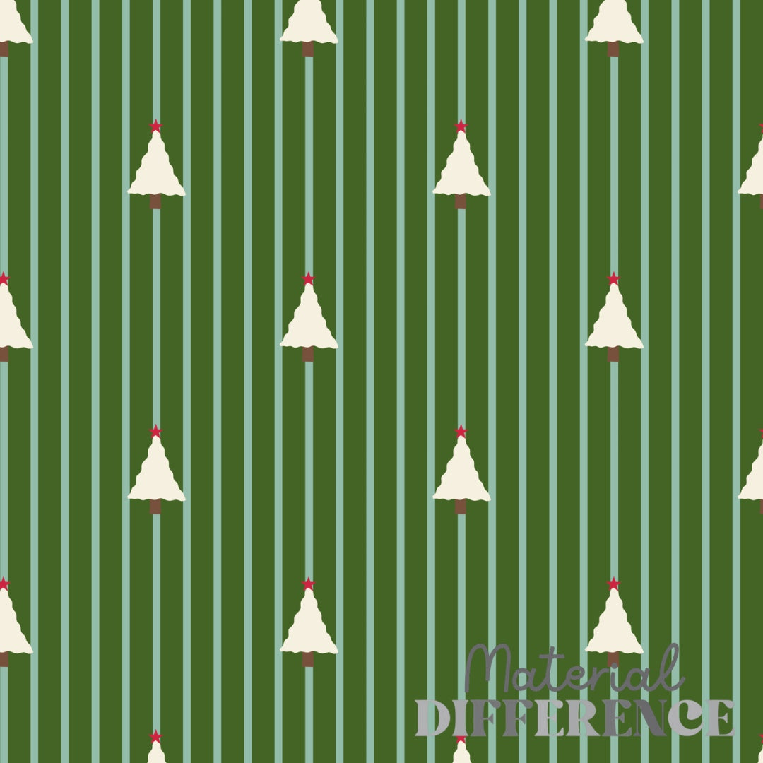A repeating holiday pattern featuring cream Christmas trees with small red tops on a dark green background with vertical light green stripes. The words 'Material Difference' appear in the lower right.