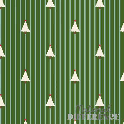 A repeating holiday pattern featuring cream Christmas trees with small red tops on a dark green background with vertical light green stripes. The words 'Material Difference' appear in the lower right.