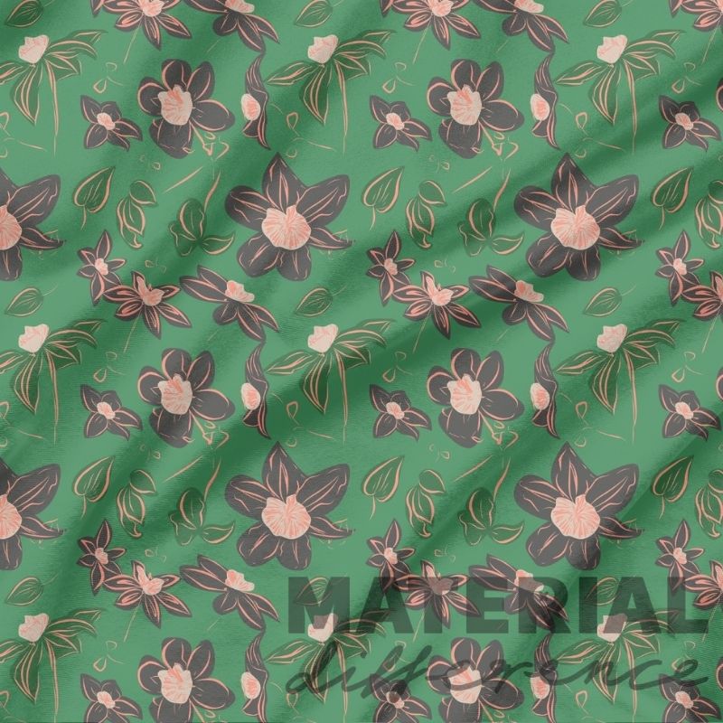 Floral patterned fabric with 'MATERIAL Difference' text overlay on a green background