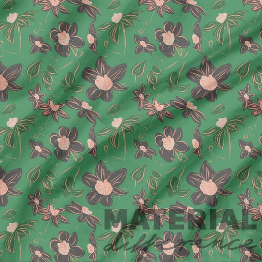 Floral patterned fabric with 'MATERIAL Difference' text overlay on a green background