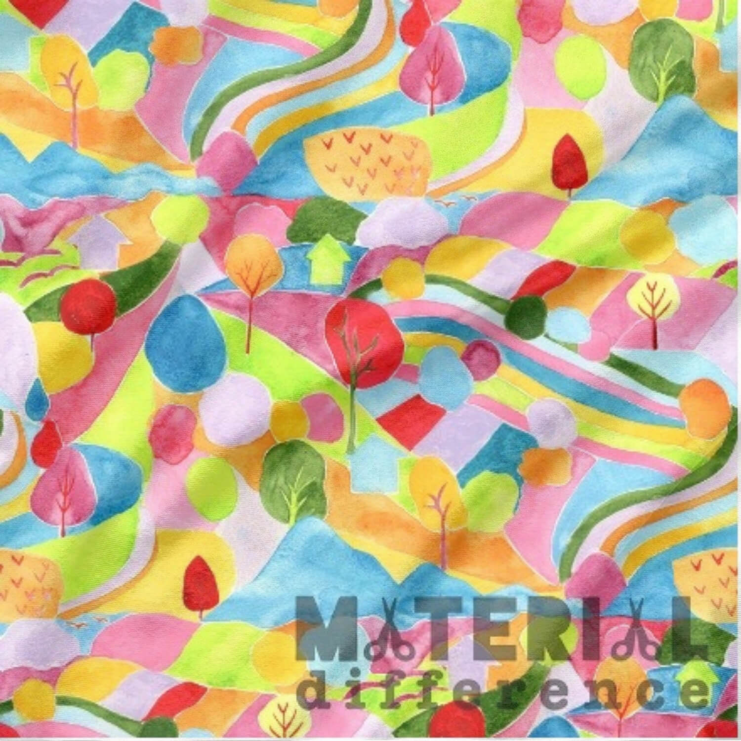 Colorful fabric pattern with trees and abstract shapes, featuring the brand 'Material Difference'.