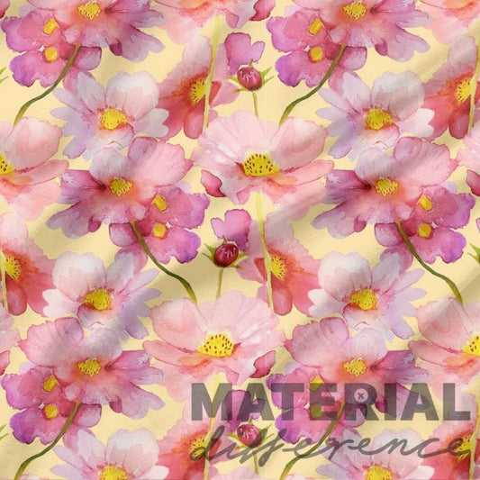 Pattern of pink and purple flowers with 'MATERIAL difference' text on a yellow background