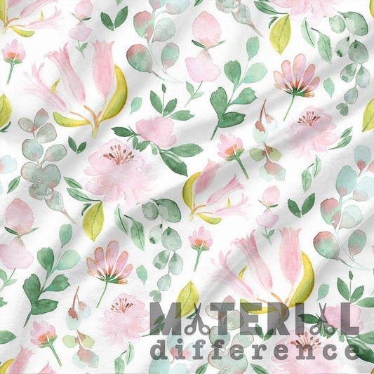 Floral pattern with pink flowers and green leaves on a white background, featuring 'Material Difference' branding.