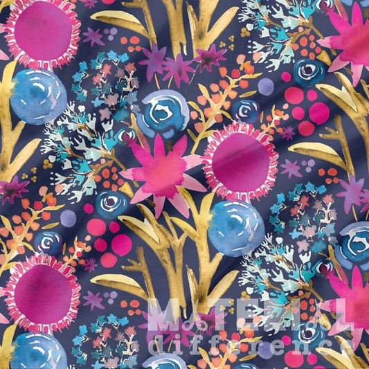 Colorful floral pattern with pink, blue, and gold elements on a dark background.