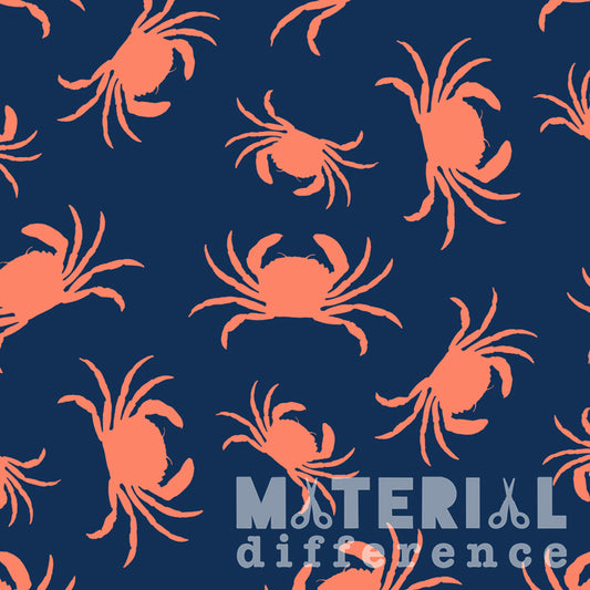 Pattern of orange crabs on a blue background with 'Material Difference' text.