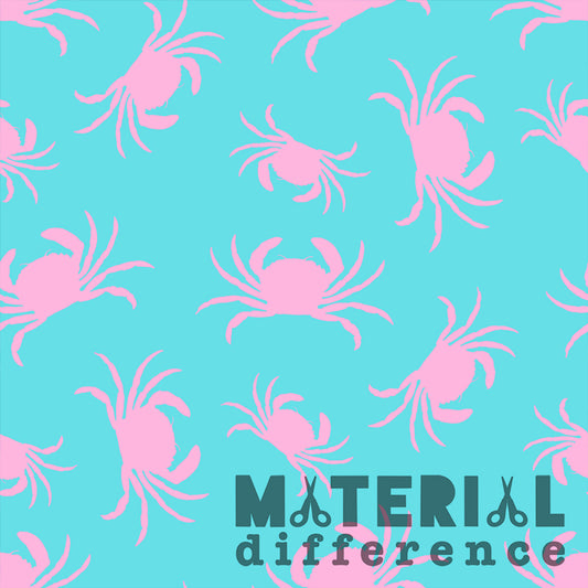 Pattern of pink crabs on a blue background with 'Material Difference' text.