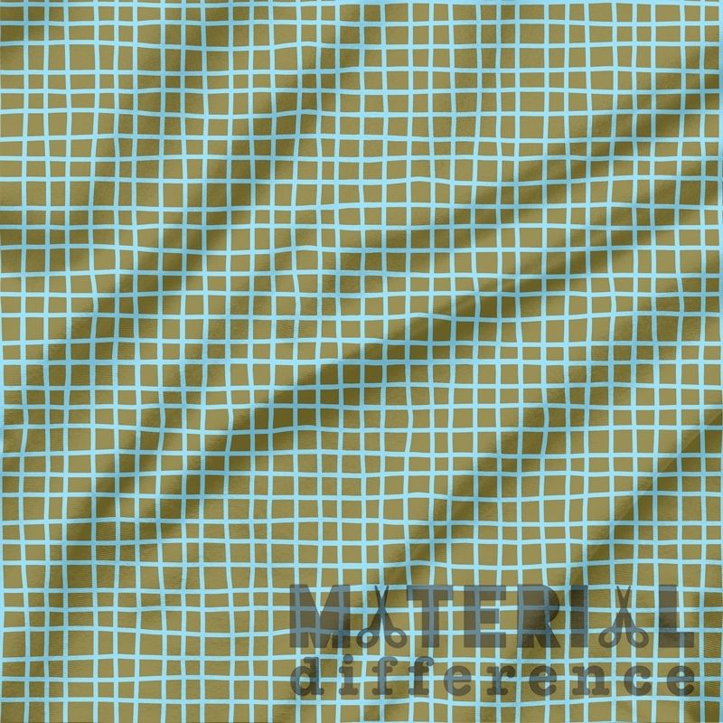 Textured green fabric with a grid pattern and 'Material difference' branding.