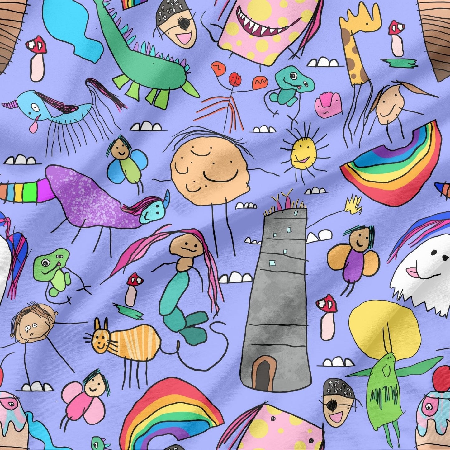 Purple fabric with child drawings of mermaids, rainbows, cats, pirates and lighthouses.