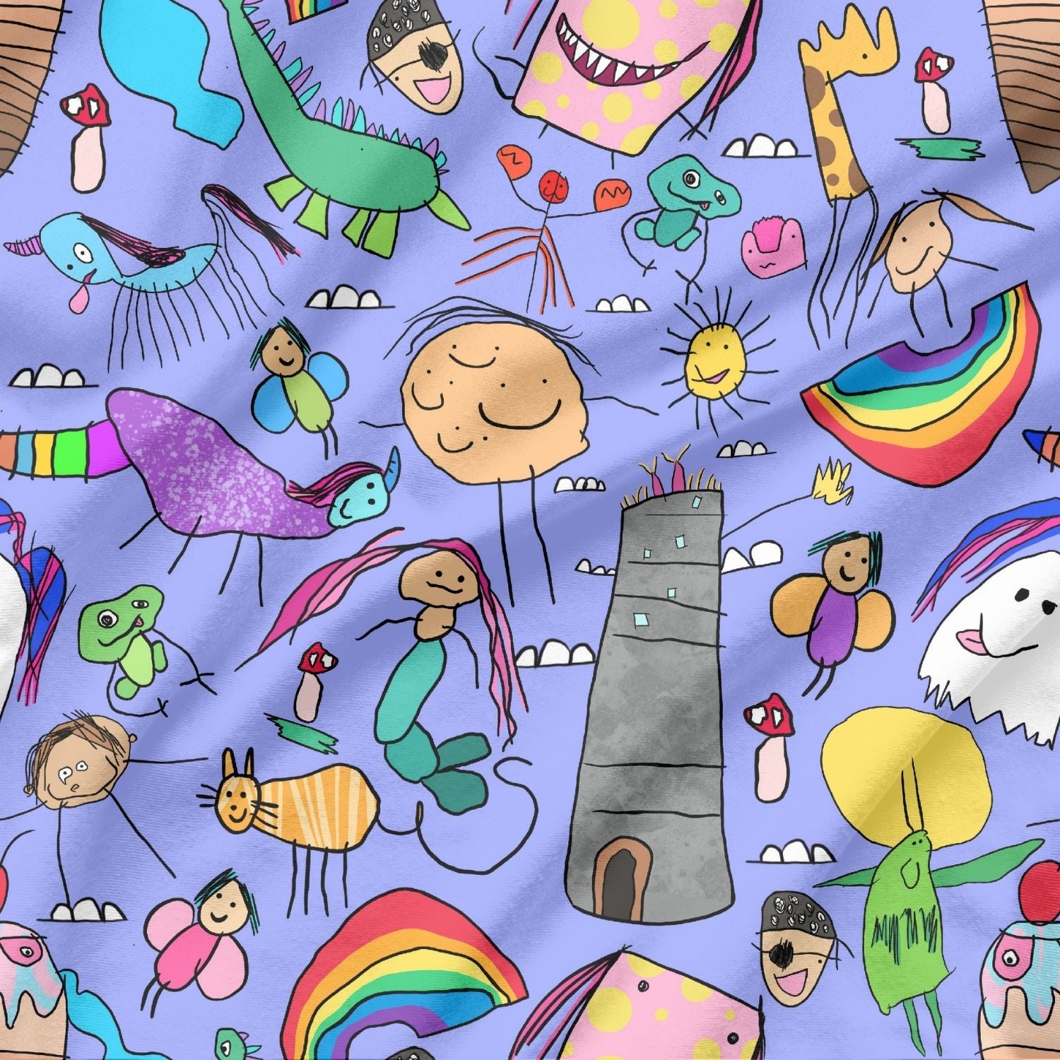Purple fabric with child drawings of mermaids, rainbows, cats, pirates and lighthouses.
