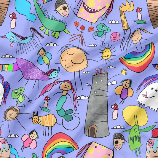 Purple fabric with child drawings of mermaids, rainbows, cats, pirates and lighthouses.