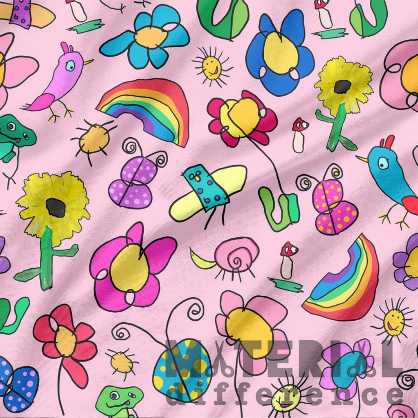 Child drawn illustrations of garden features including butterflies, rainbows, bugs, flowers on a pink background.