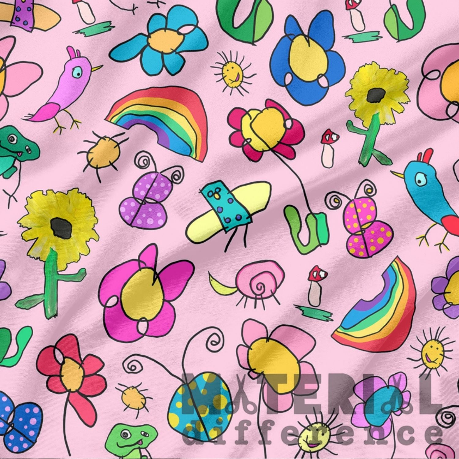 Child drawn illustrations of garden features including butterflies, rainbows, bugs, flowers on a pink background.