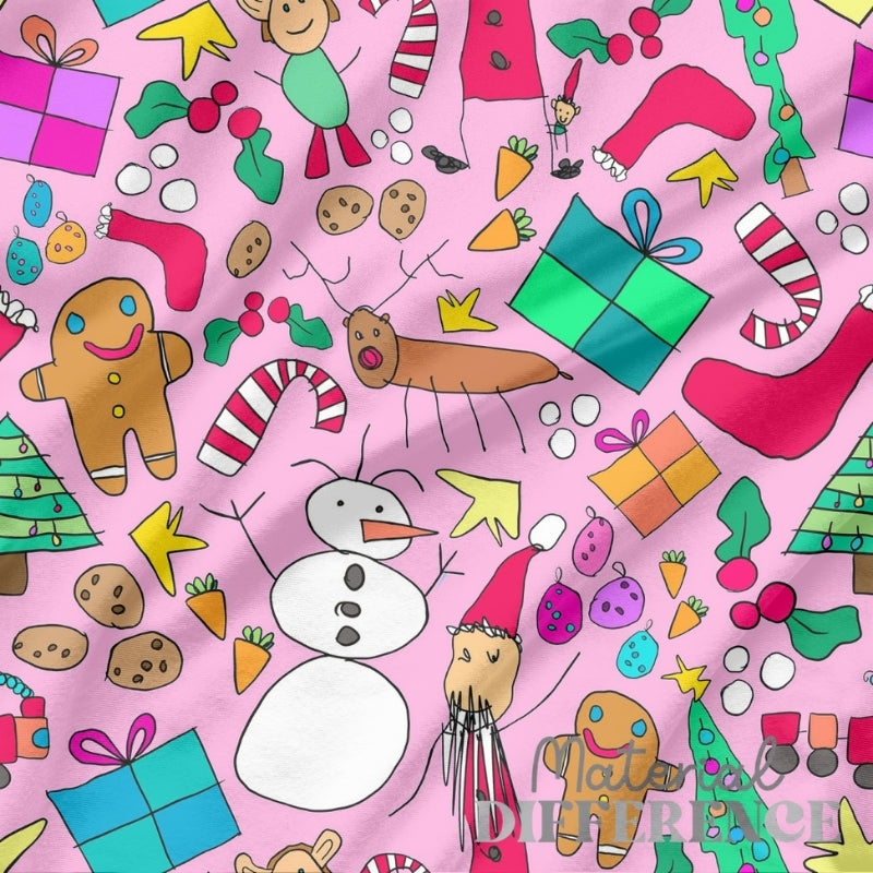 Colorful Christmas-themed pattern with snowman, gingerbread men, and presents on a pink background.
