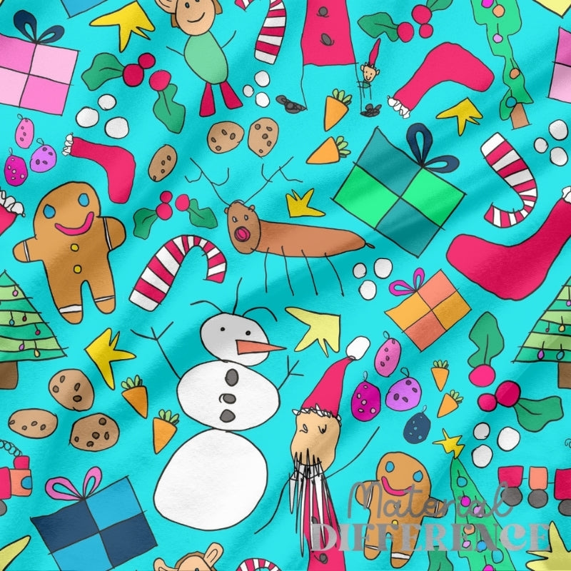 Colorful Christmas-themed fabric pattern with snowman, gingerbread men, and presents on a blue background.