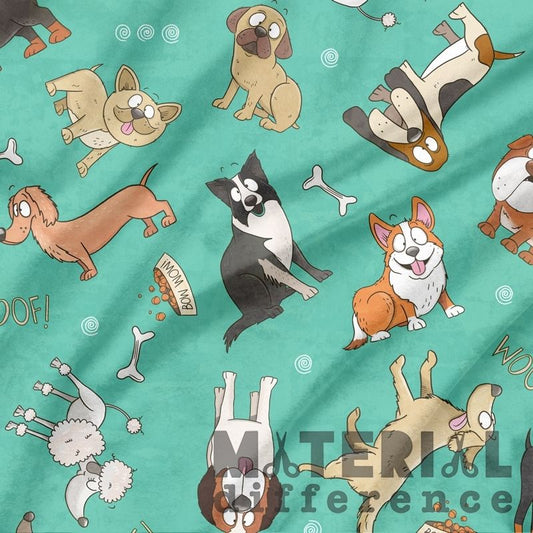 Pattern of cartoon dogs on an aqua background with 'Material Difference' text.