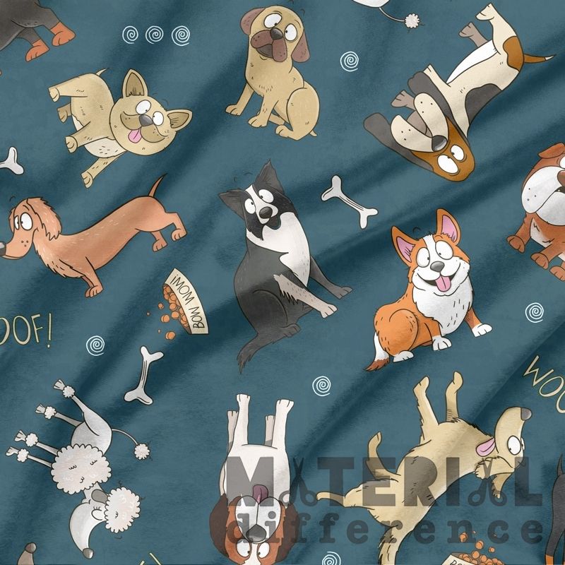 Pattern of cartoon dogs on a blue fabric background with visible brand name.